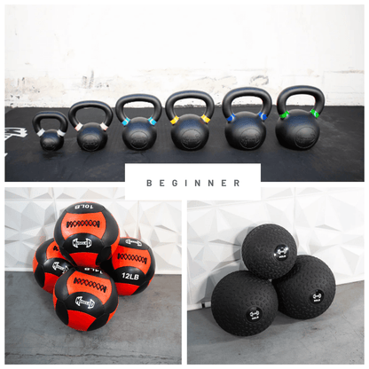 Beginner Fitness Kit featuring kettlebells, wall balls, and slam balls for new trainers.