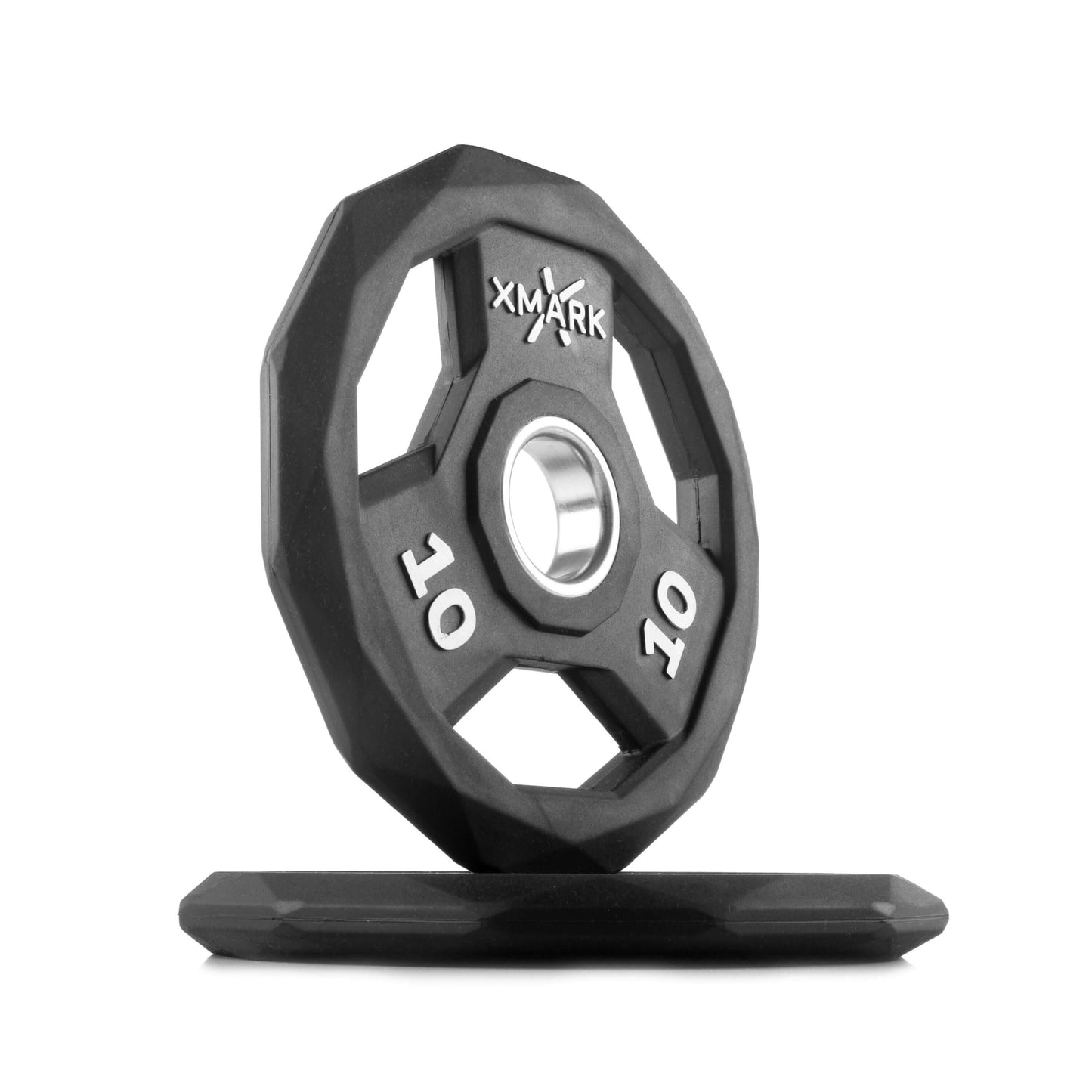 Black XMark 10 lb rubber hex weight plate with a solid design, ideal for home and commercial gyms.