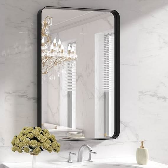 Black Round Corner Metal Frame Mirror – Adjustable Shelves – Surface or Recessed Mount
