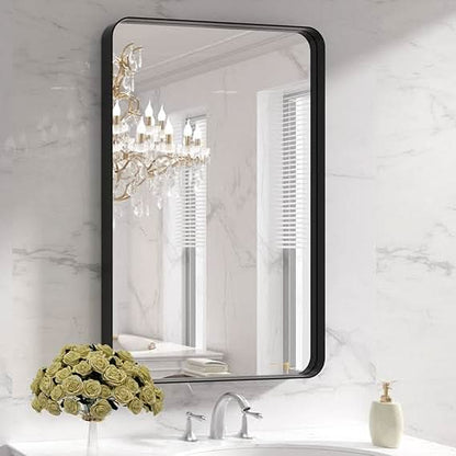 Black Round Corner Metal Frame Mirror – Adjustable Shelves – Surface or Recessed Mount