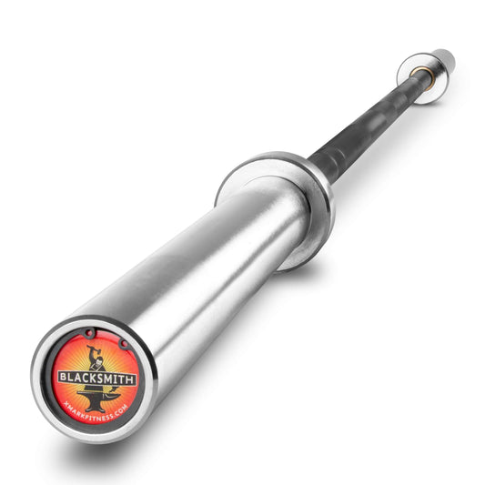 Blacksmith 7ft Olympic Barbell with a sleek silver finish, designed for weightlifting and HIIT training, featuring a logo.