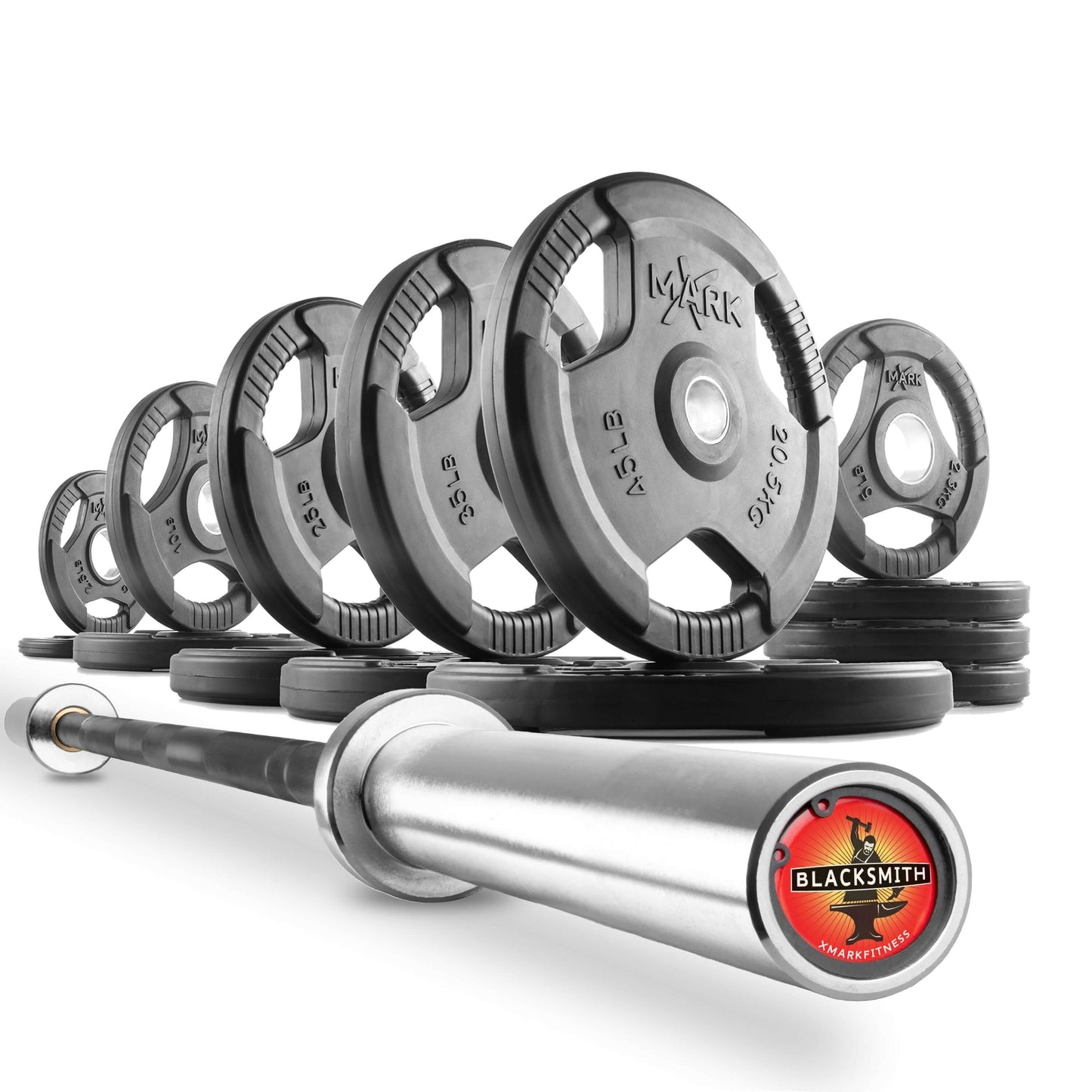 Tri-Grip Olympic weight plates in various sizes with a sleek Olympic barbell, ideal for building strength.