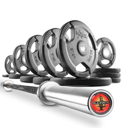 Tri-Grip Olympic weight plates in various sizes with a sleek Olympic barbell, ideal for building strength.