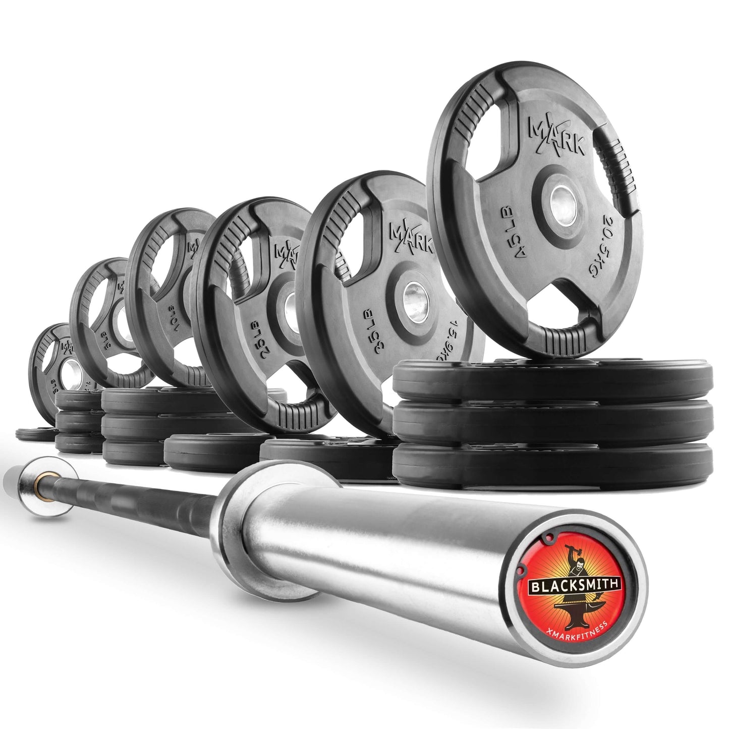 Tri Grip Olympic weight plates stacked with a barbell, showcasing various weights for strength training.