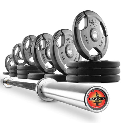 Tri Grip Olympic weight plates stacked with a barbell, showcasing various weights for strength training.