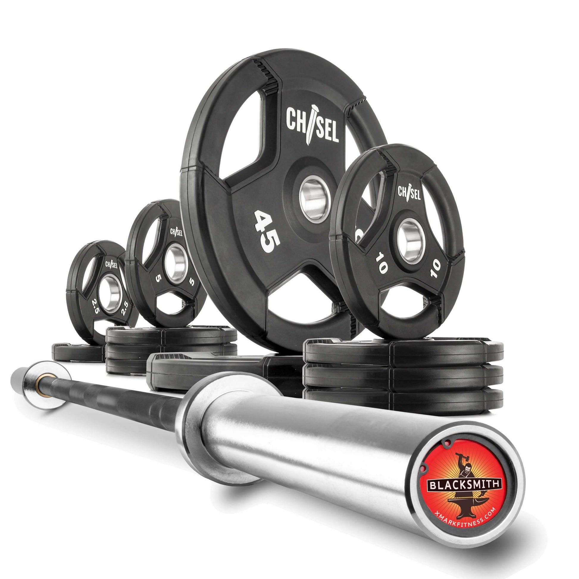 Chisel Olympic weight plates and barbell set showcasing various weight plates and a sturdy bar for home gyms.