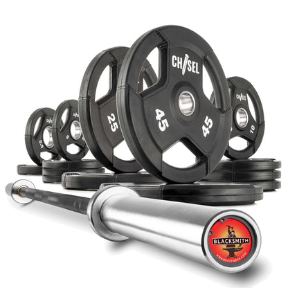 Chisel Olympic weight plates (10lb, 25lb, 45lb) and barbell set for home gym fitness.