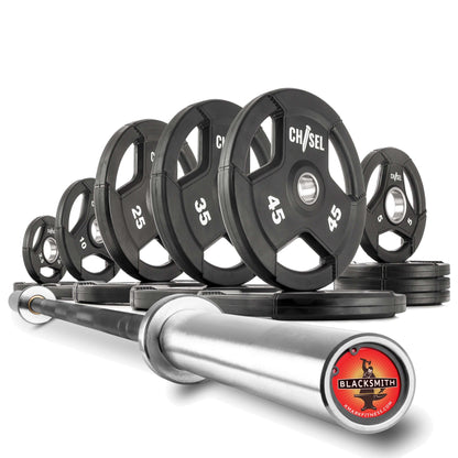 Chisel Olympic weight plates and bar set with various weights, showcasing sturdy design for home gym use.