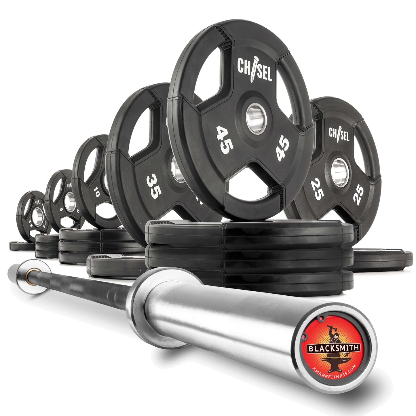Chisel Olympic weight plates and bar set, featuring diverse weights for customizable workouts in a home gym.