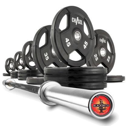 Chisel Olympic weight plates and bar set, featuring diverse weights for customizable workouts in a home gym.