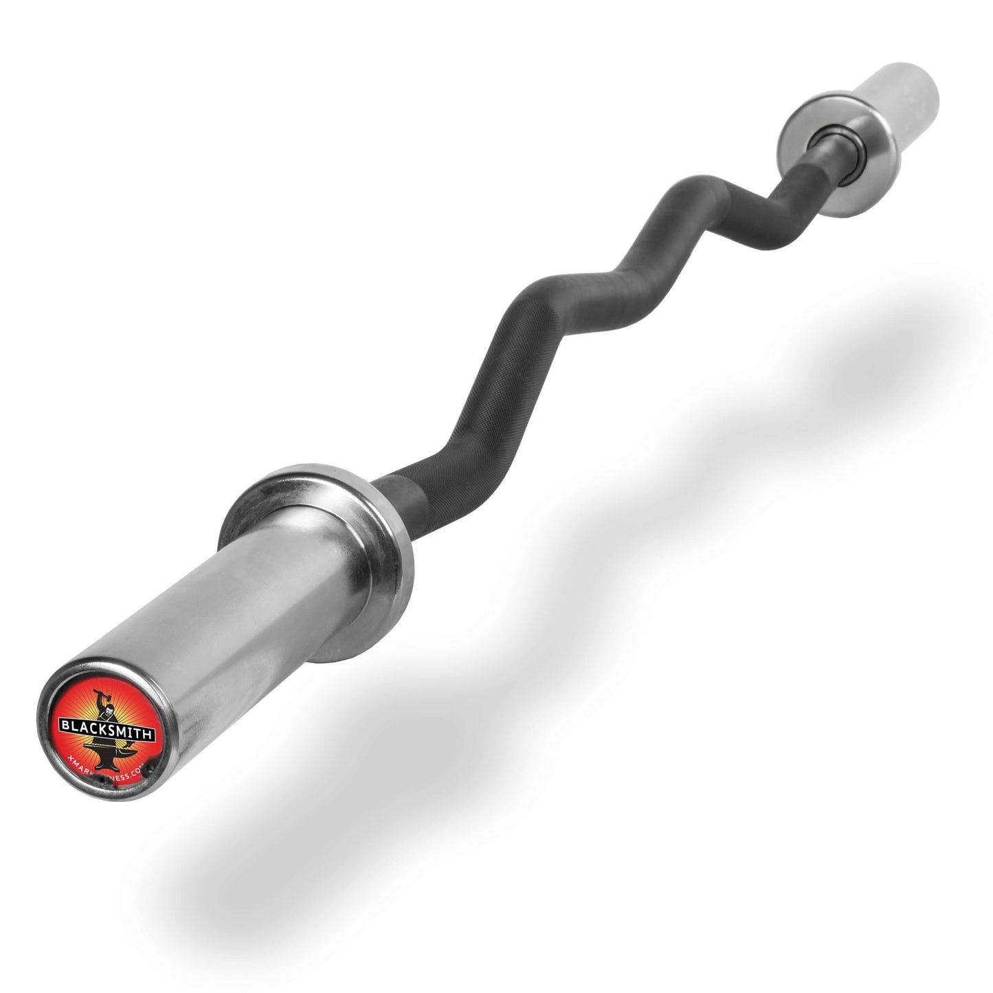 Blacksmith EZ Curl Bar designed for Olympic weight plates, showcasing a chrome finish and unique curl design for bicep workouts.