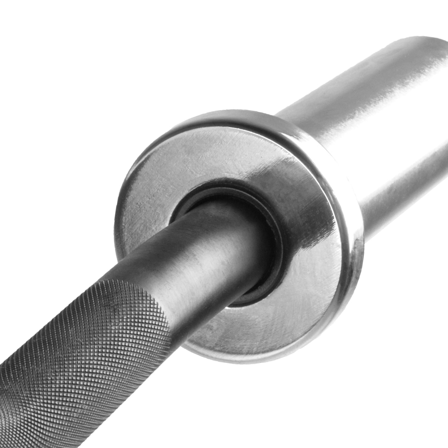 Close-up of the chrome sleeve and textured grip of the Blacksmith EZ Curl Bar for Olympic weight plates.