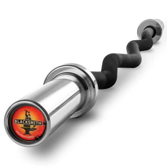 Blacksmith EZ Curl Bar with chrome finish, designed for Olympic weight plates, showcasing a twisted shaft and logo.