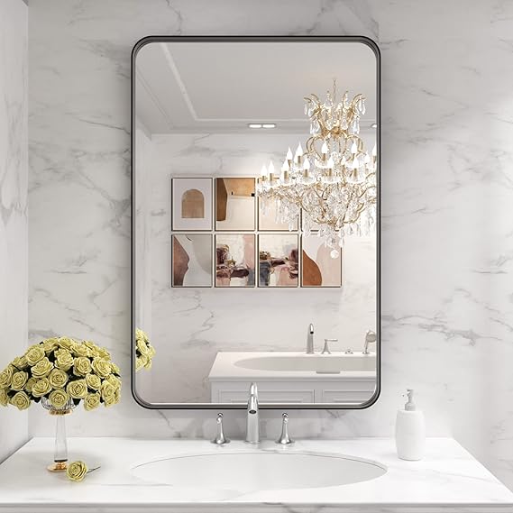 Black Round Corner Metal Frame Mirror – Adjustable Shelves – Surface or Recessed Mount