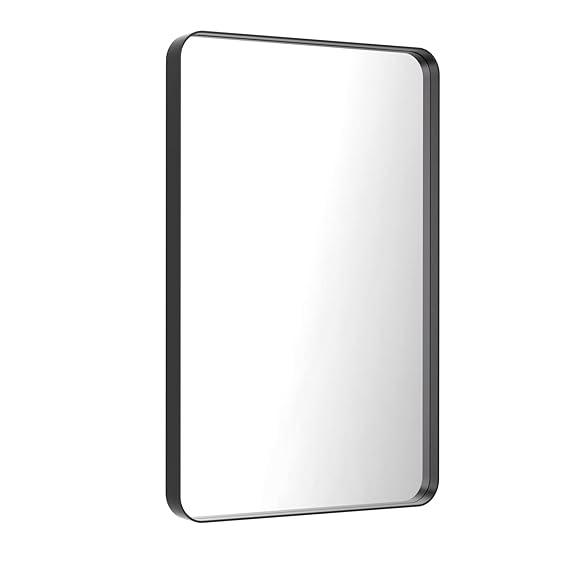 Black Round Corner Metal Frame Mirror – Adjustable Shelves – Surface or Recessed Mount