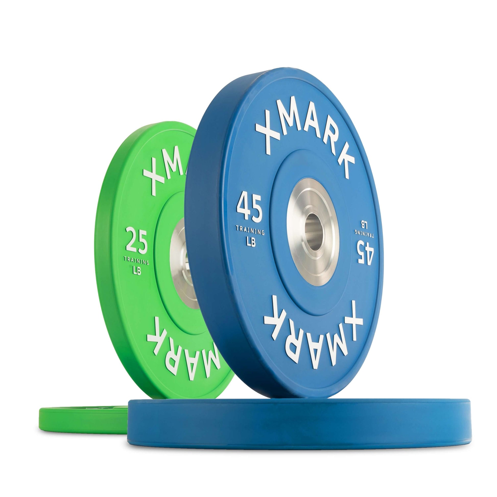 Commercial premium virgin rubber bumper plates in blue and green, labeled with weights for precise lifting and impact absorption.