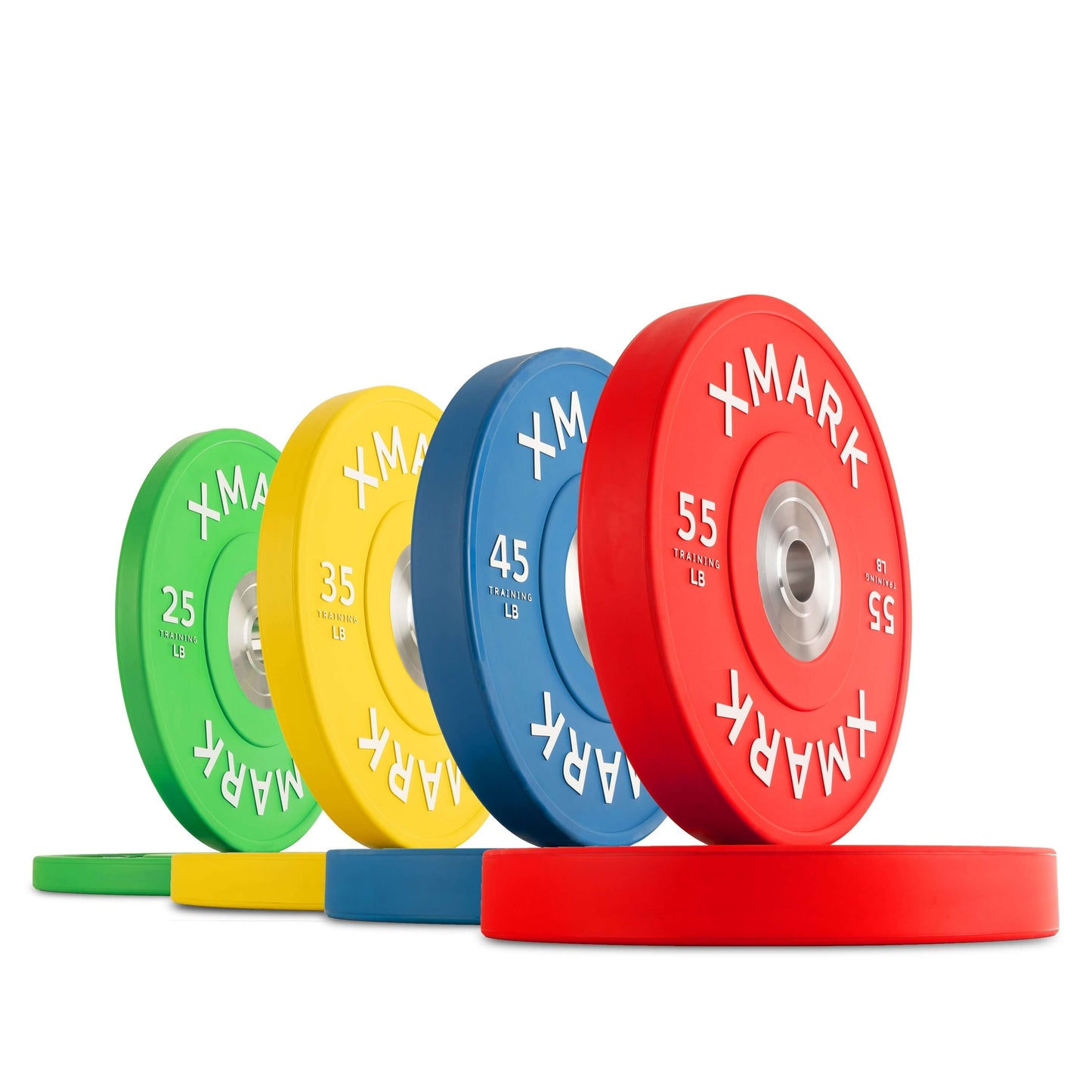 Colorful commercial virgin rubber bumper plates in various weights, showing their premium design and matte finish.