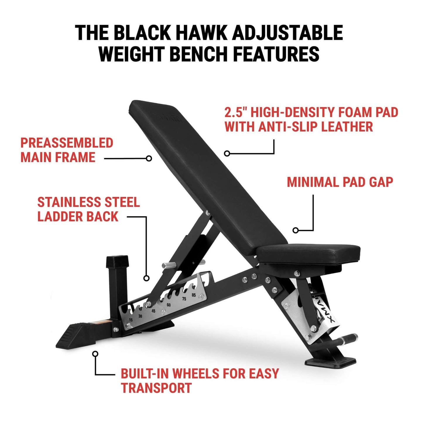 Black Hawk Adjustable Weight Bench features with foam pad, stainless steel ladder back, and built-in wheels for easy transport.