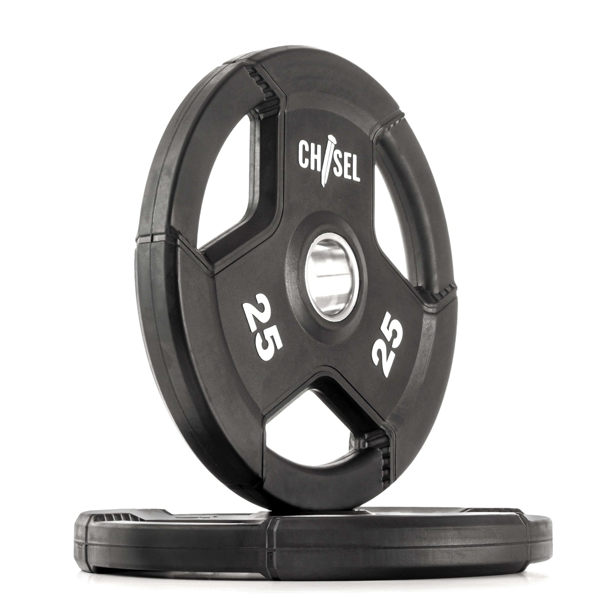 Chisel Olympic weight plates, 25 lbs each, featuring tri-grip handles and rubber-encased design for safety and durability.