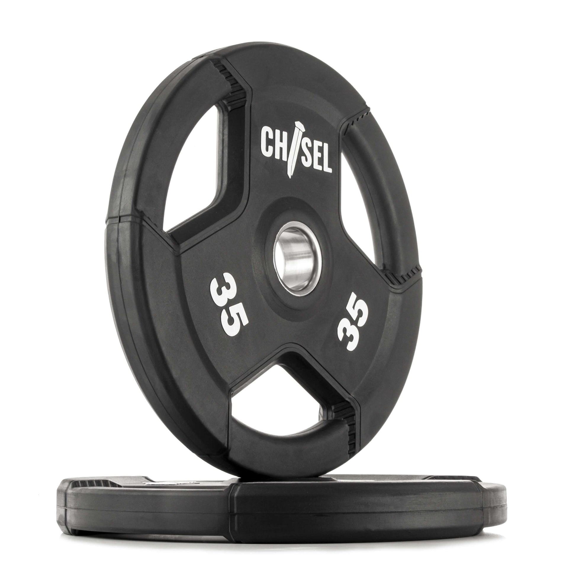 Chisel Olympic weight plates, 35 lbs each, featuring recessed tri-grip handles, rubber-encased design for easy lifting.