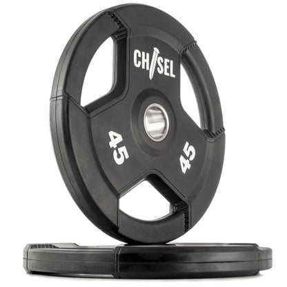 Chisel Olympic weight plates with tri-grip handles, displaying a sleek design and rubber encasing for durability.