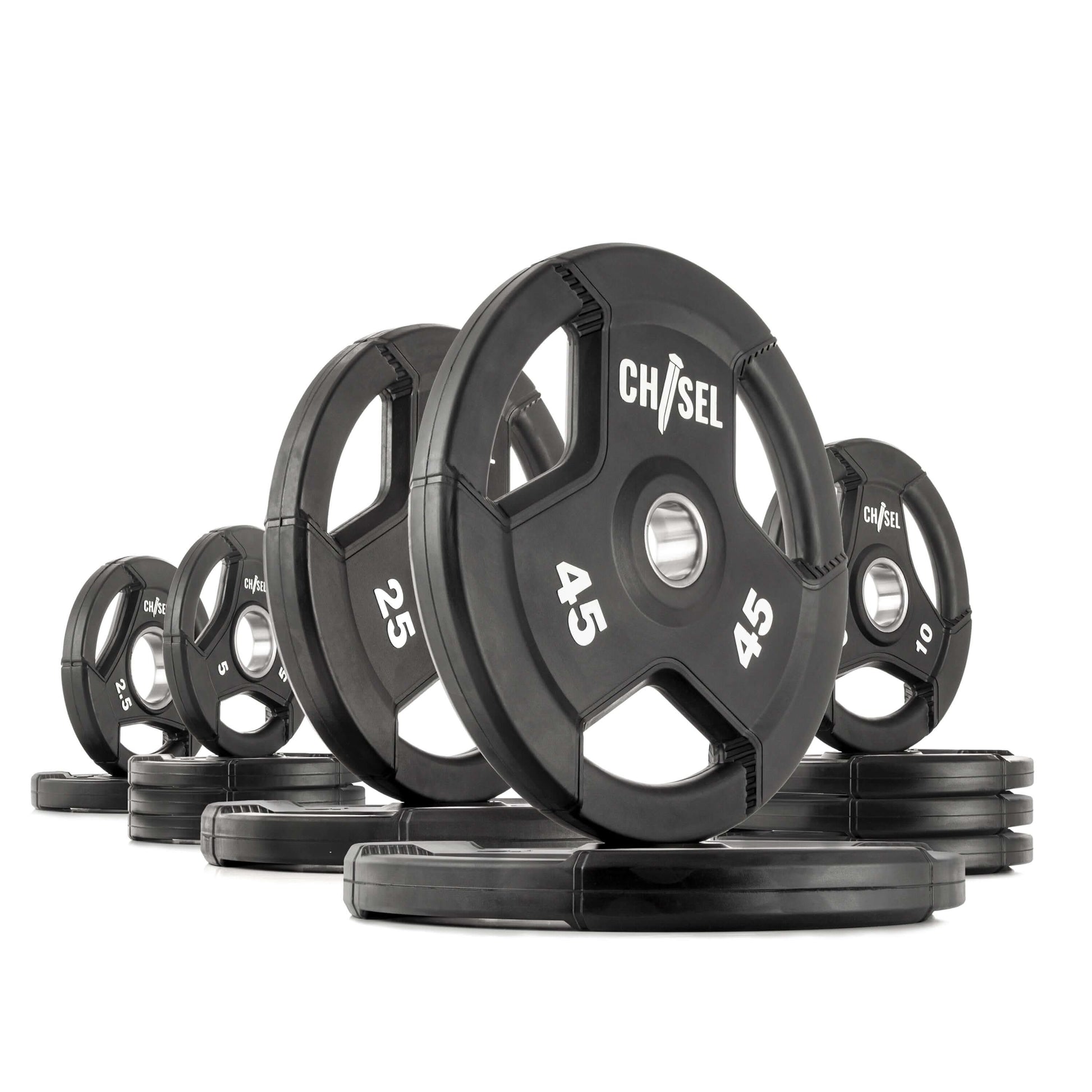 Chisel Olympic weight plates in various sizes, featuring tri-grip handles for easy lifting and a rubber-encased design.