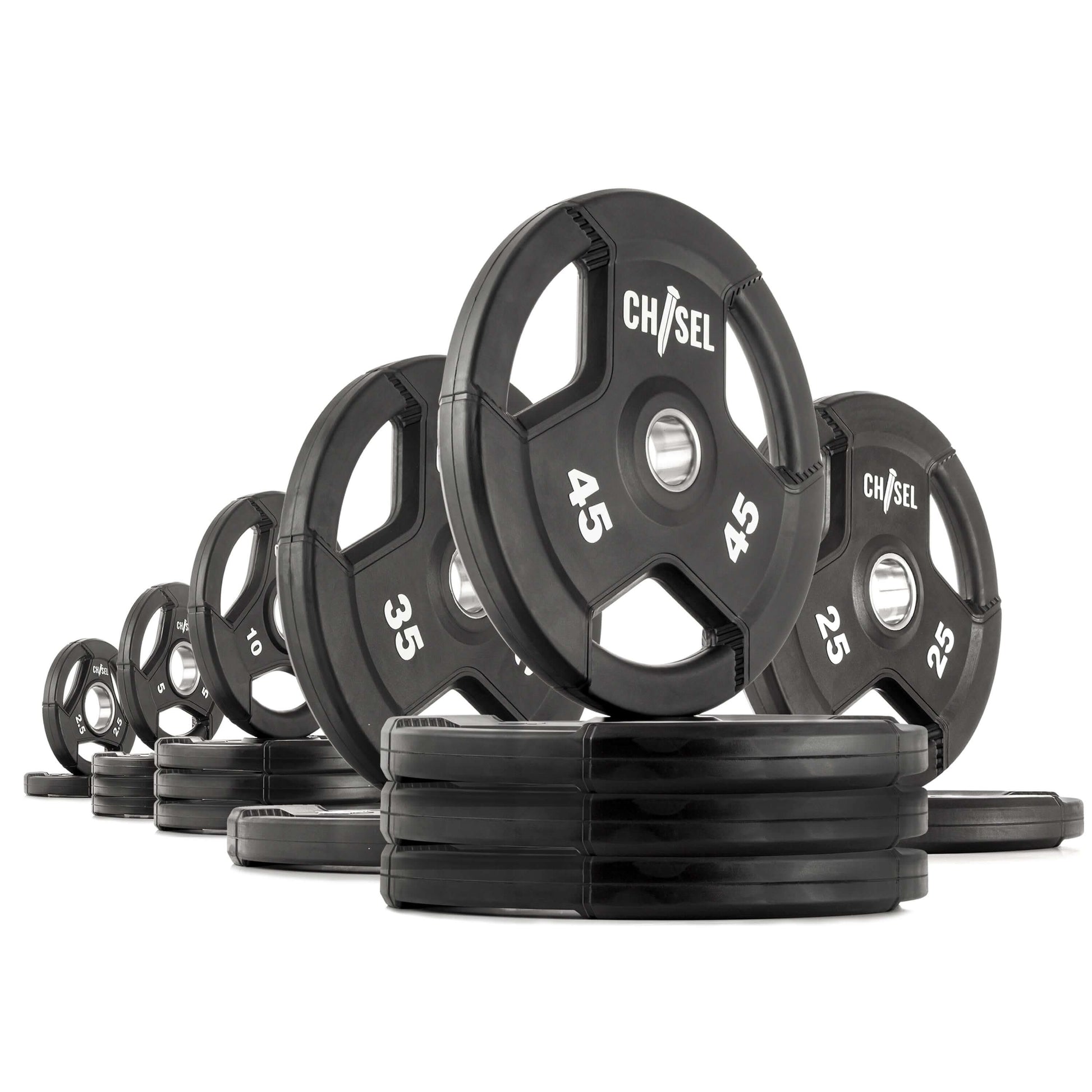 Chisel Olympic weight plates displayed in various weights, featuring tri-grip handles and a rugged rubber design.
