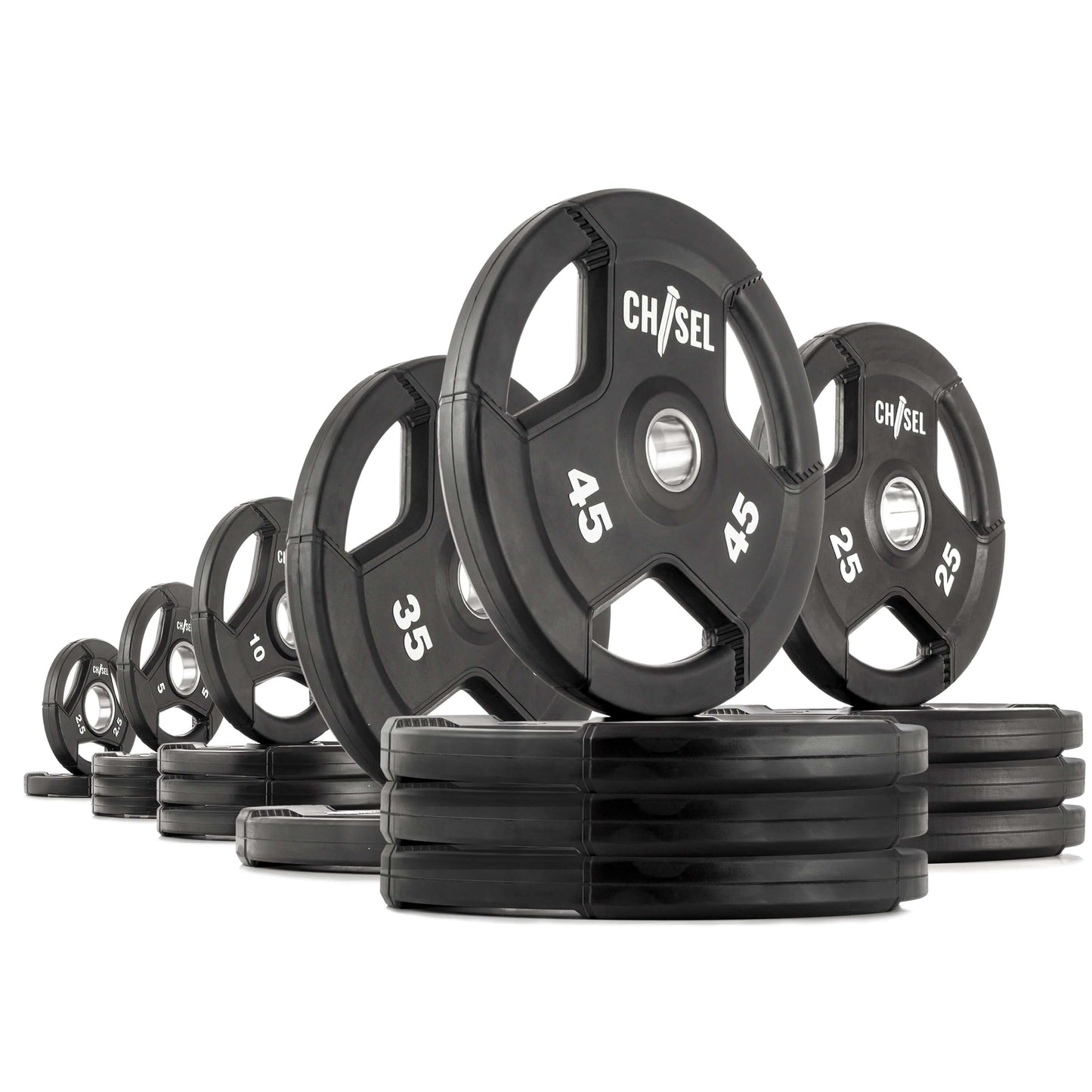 Chisel Olympic weight plates in various sizes stacked, featuring recessed tri-grip handles and a rubber-encased design.