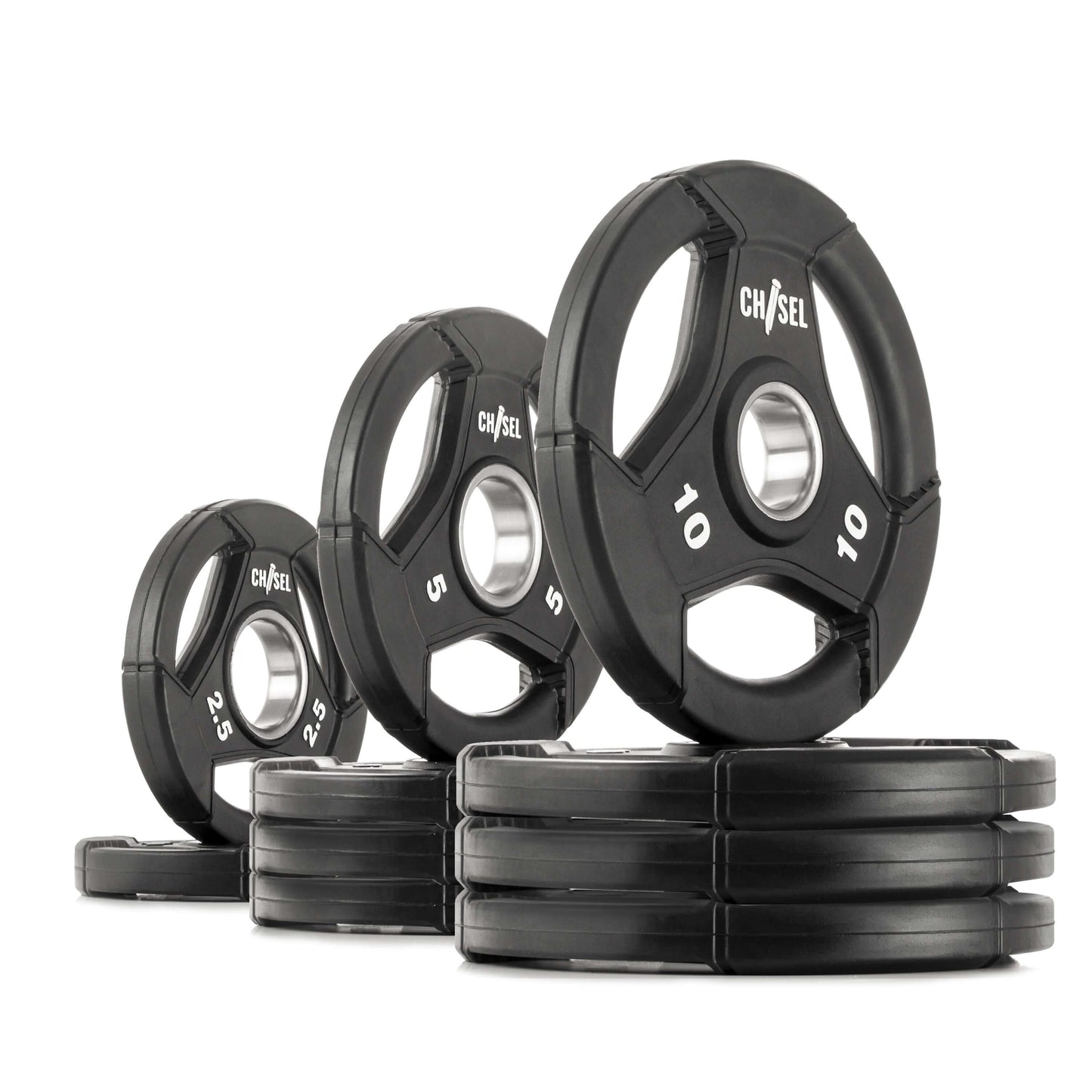 Chisel Olympic weight plates in various sizes with recessed tri-grip handles for easy lifting.