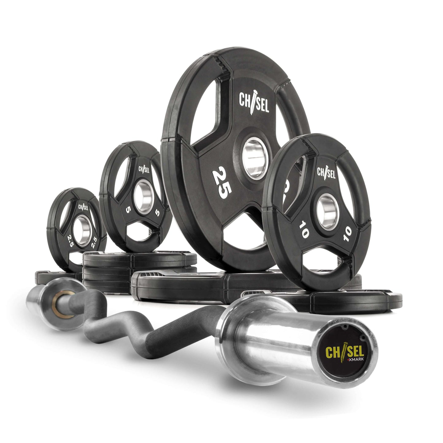 Chisel Olympic weight plates and curl barbell set ranging from 10lb to 25lb, ideal for strength training.
