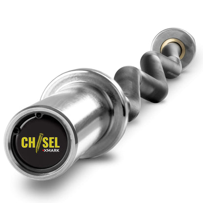 Chisel Olympic EZ Curl barbell showcasing the chrome finish and unique twisted design, promoting ergonomic workouts.