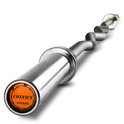 Convict 6ft Rackable Curl Bar featuring knurled grip, rotating sleeves for enhanced workout versatility and safety.