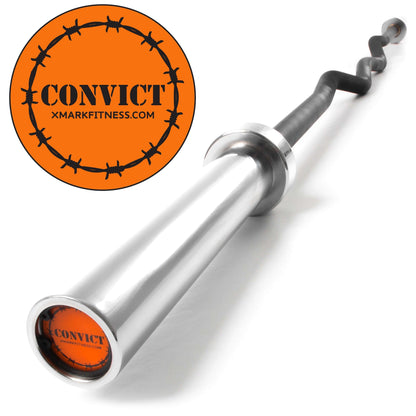 Convict 6ft Rackable Curl Bar showing knurled grip and rotating sleeves for secure and comfortable workouts.
