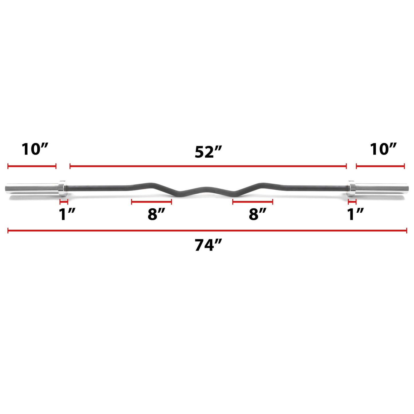 Image of a 52-inch rackable curl bar with measurements indicating its dimensions and design features for strength training.