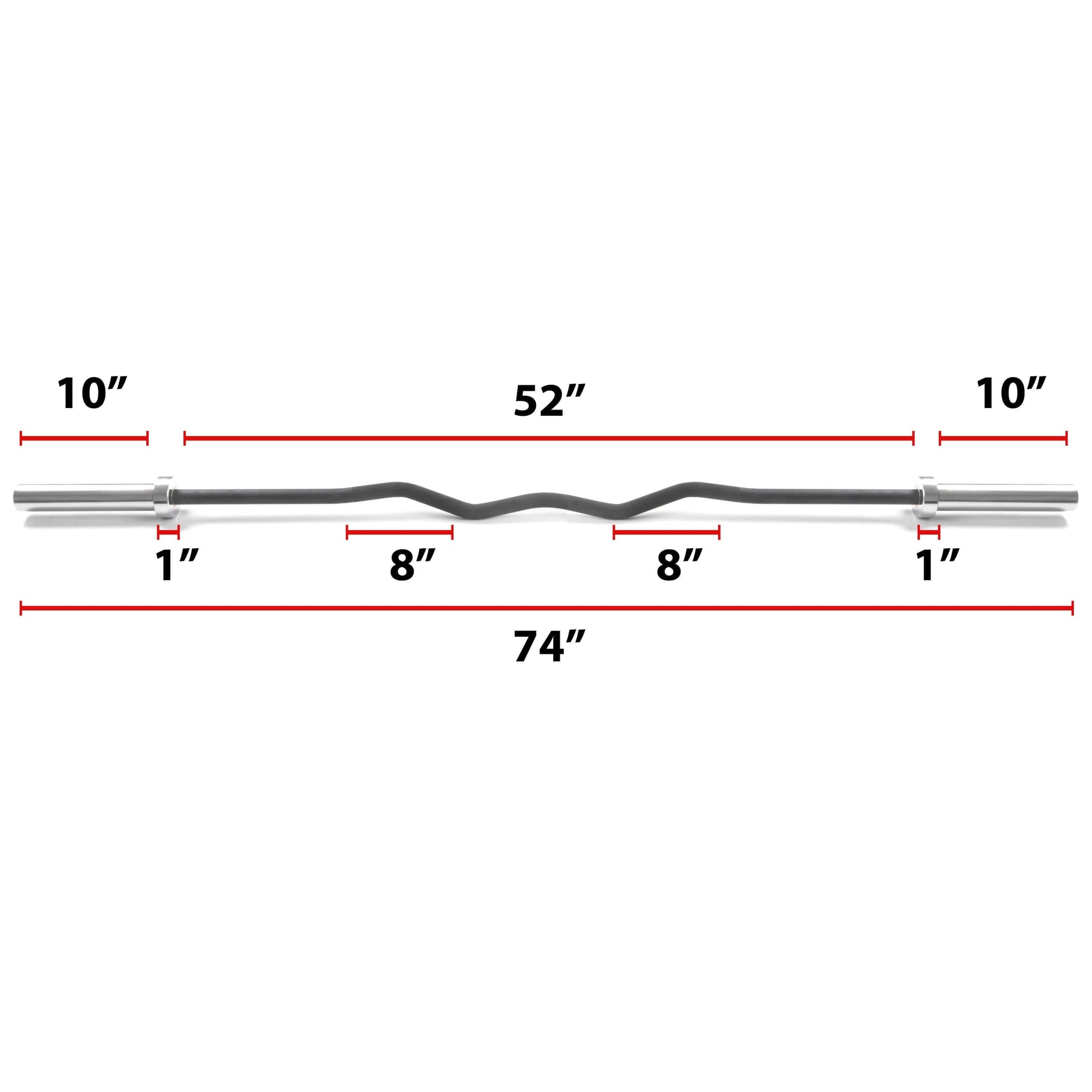 Image of a 52-inch rackable curl bar with measurements indicating its dimensions and design features for strength training.