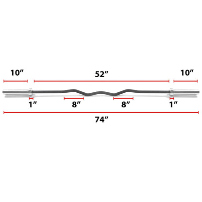 Image of a 52-inch rackable curl bar with measurements indicating its dimensions and design features for strength training.