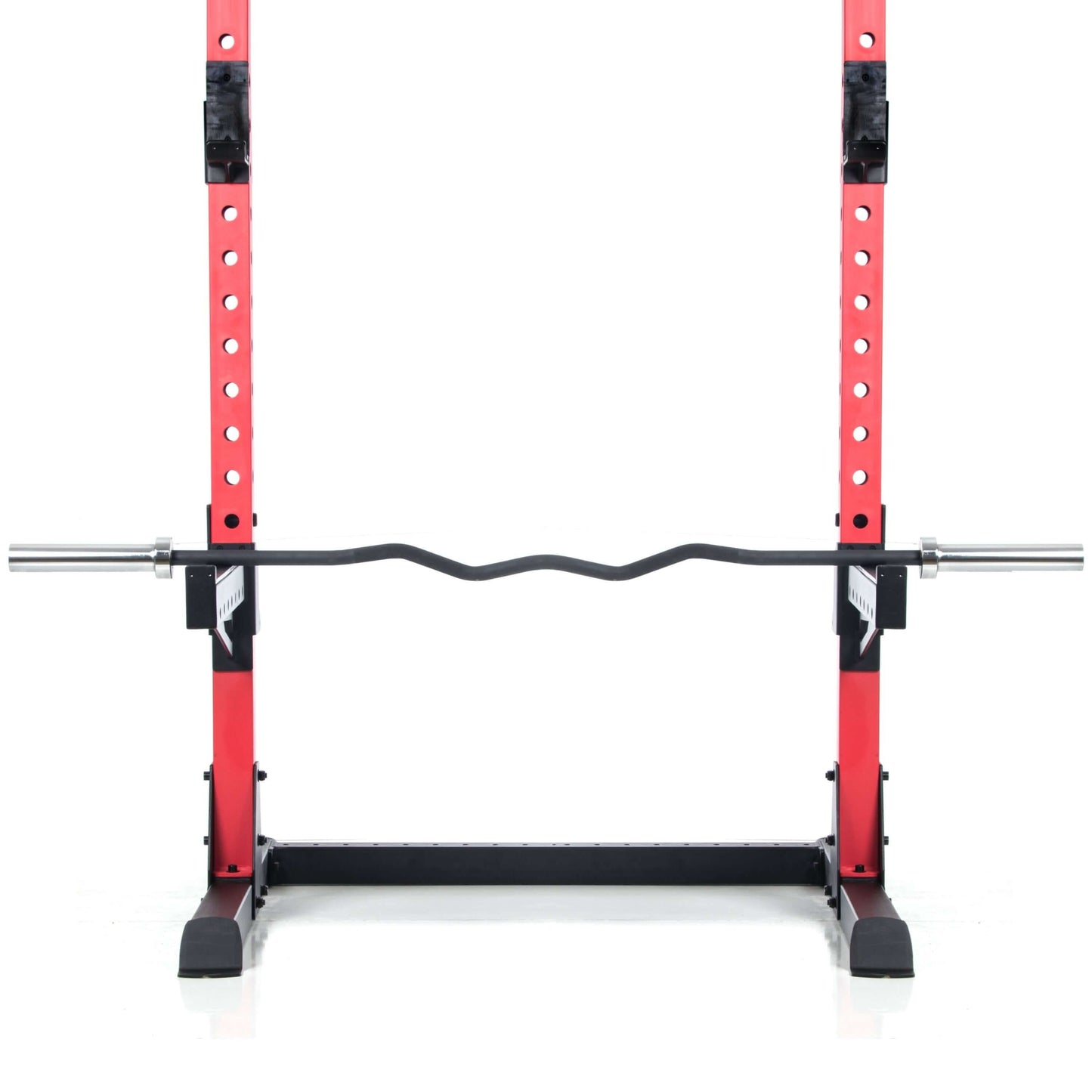 Rackable curl bar set in a standard power rack, featuring knurled grip and rotating sleeves for optimal performance.