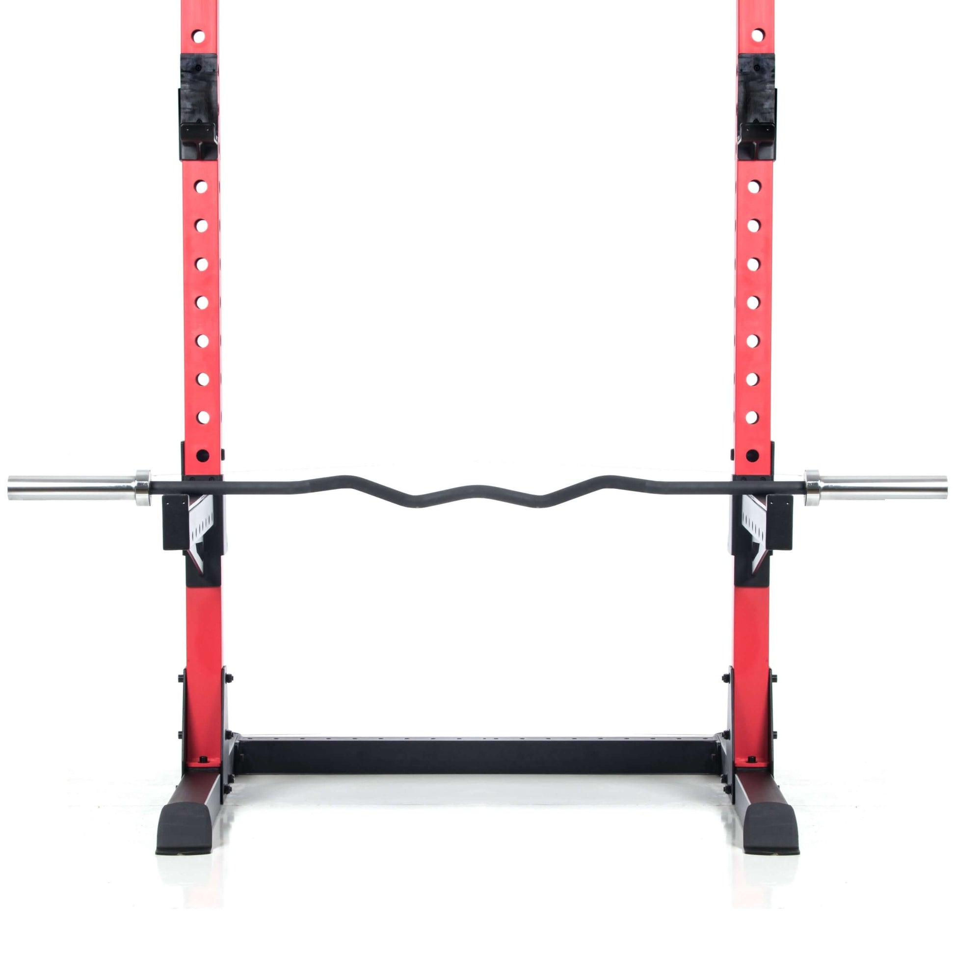 Rackable curl bar set in a standard power rack, featuring knurled grip and rotating sleeves for optimal performance.