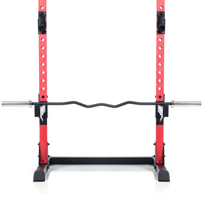 Rackable curl bar set in a standard power rack, featuring knurled grip and rotating sleeves for optimal performance.