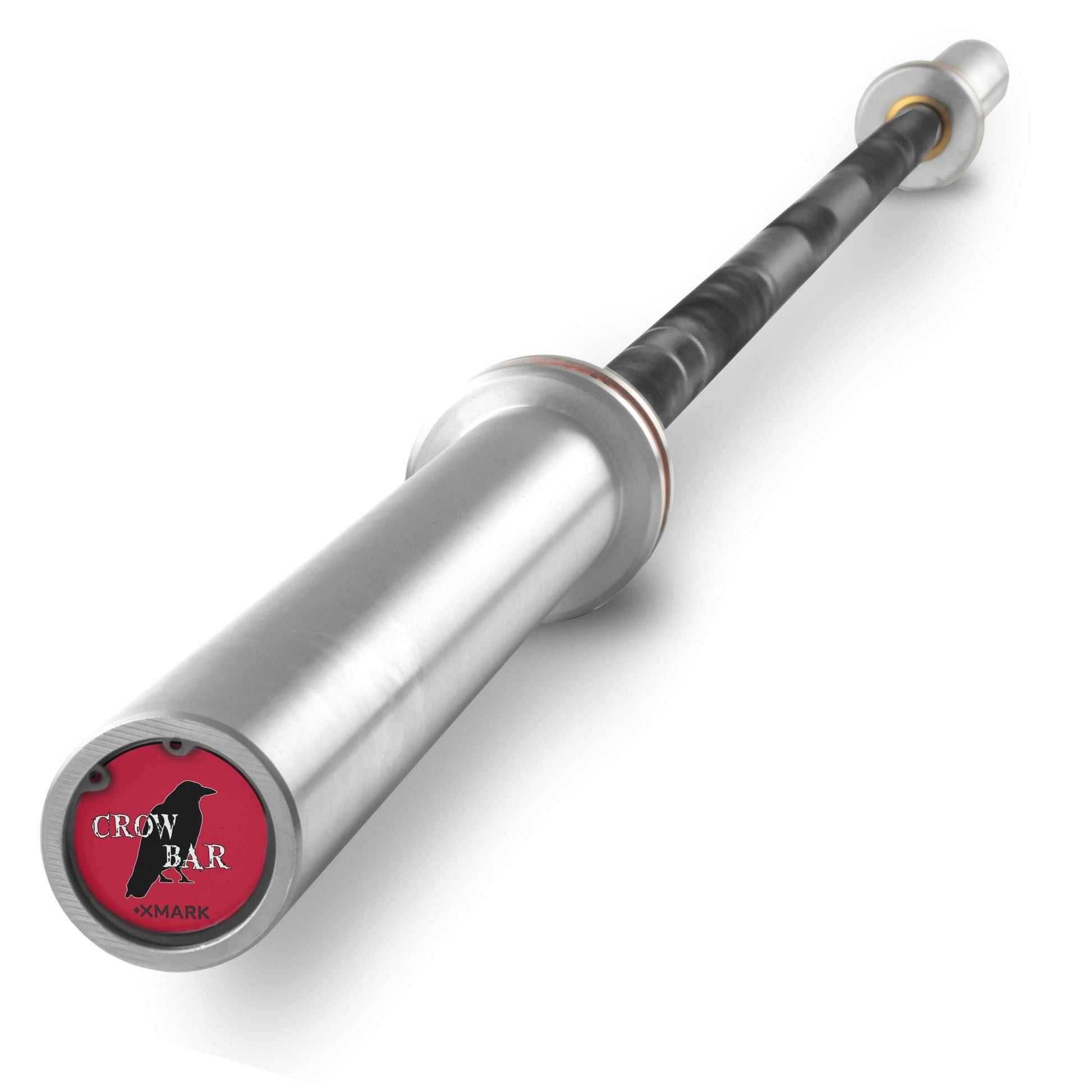 Close-up of the Crow Bar weightlifting bar with a silver finish and red logo, designed for strength training and durability.