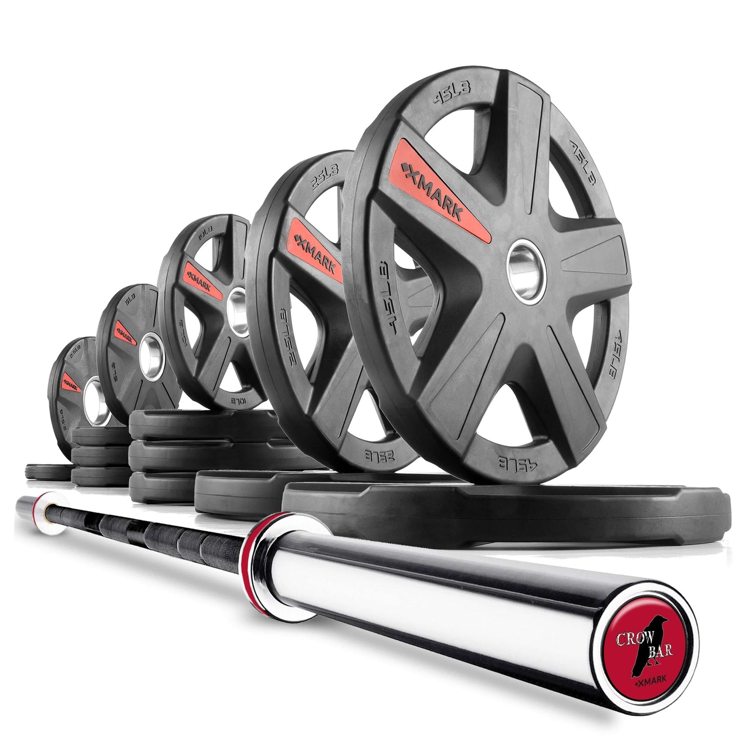 A set of Texas Star Olympic weight plates in various sizes arranged next to a sleek Olympic barbell set.