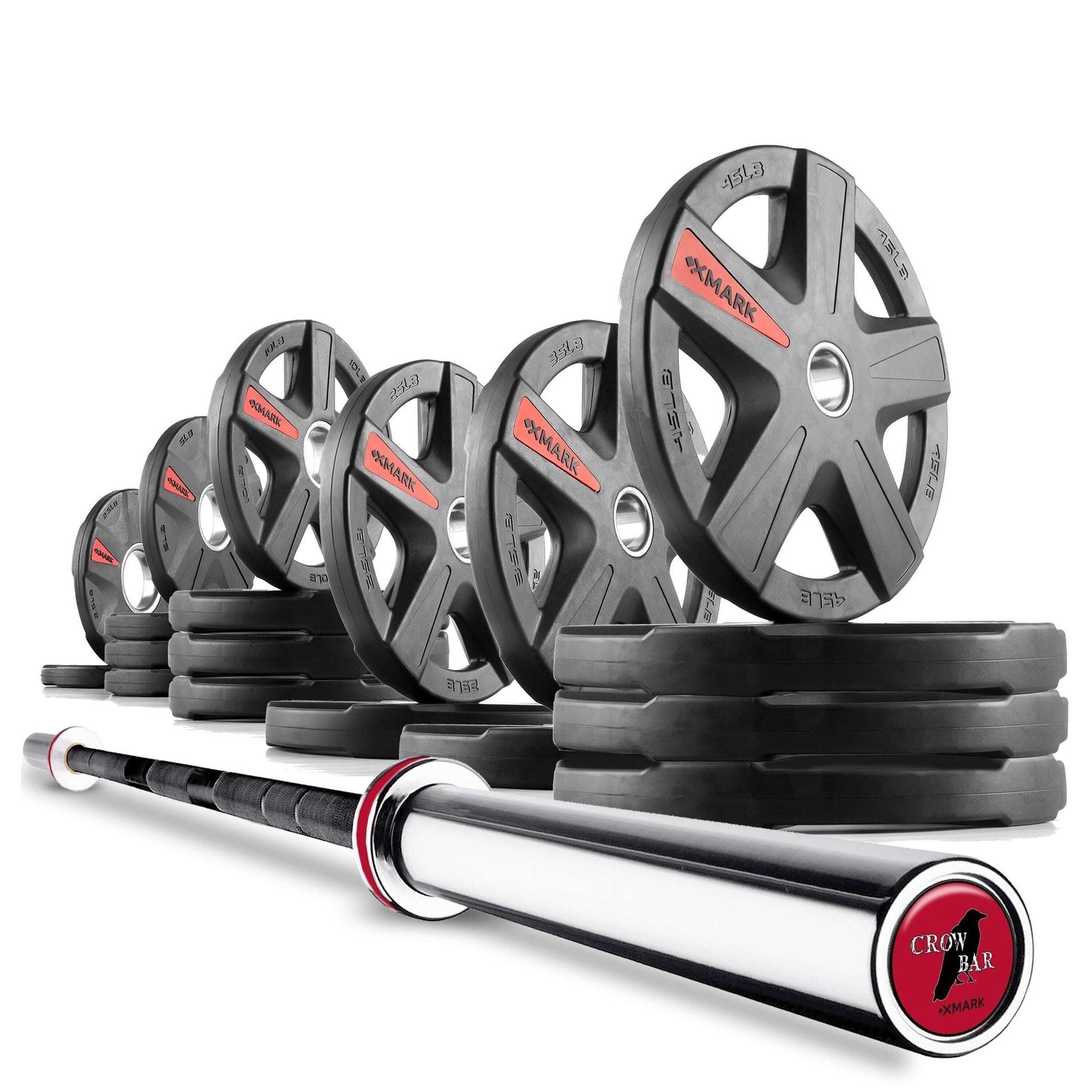 Texas Star Olympic weight plates stacked next to a shiny Olympic barbell, ideal for strength training and fitness.