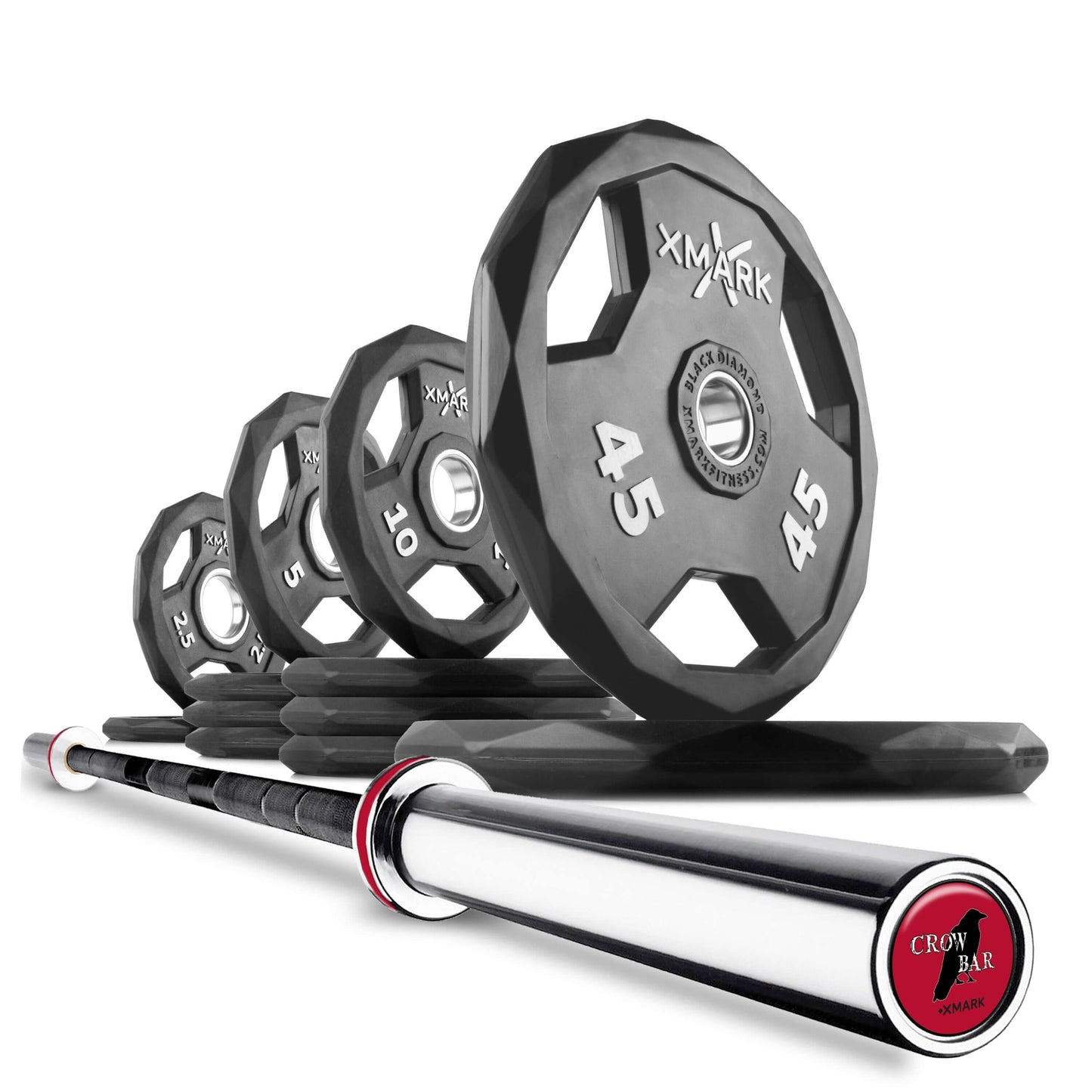Black Olympic weight plates (two 45lb, one 25lb, one 10lb) and a barbell, ideal for fitness training.