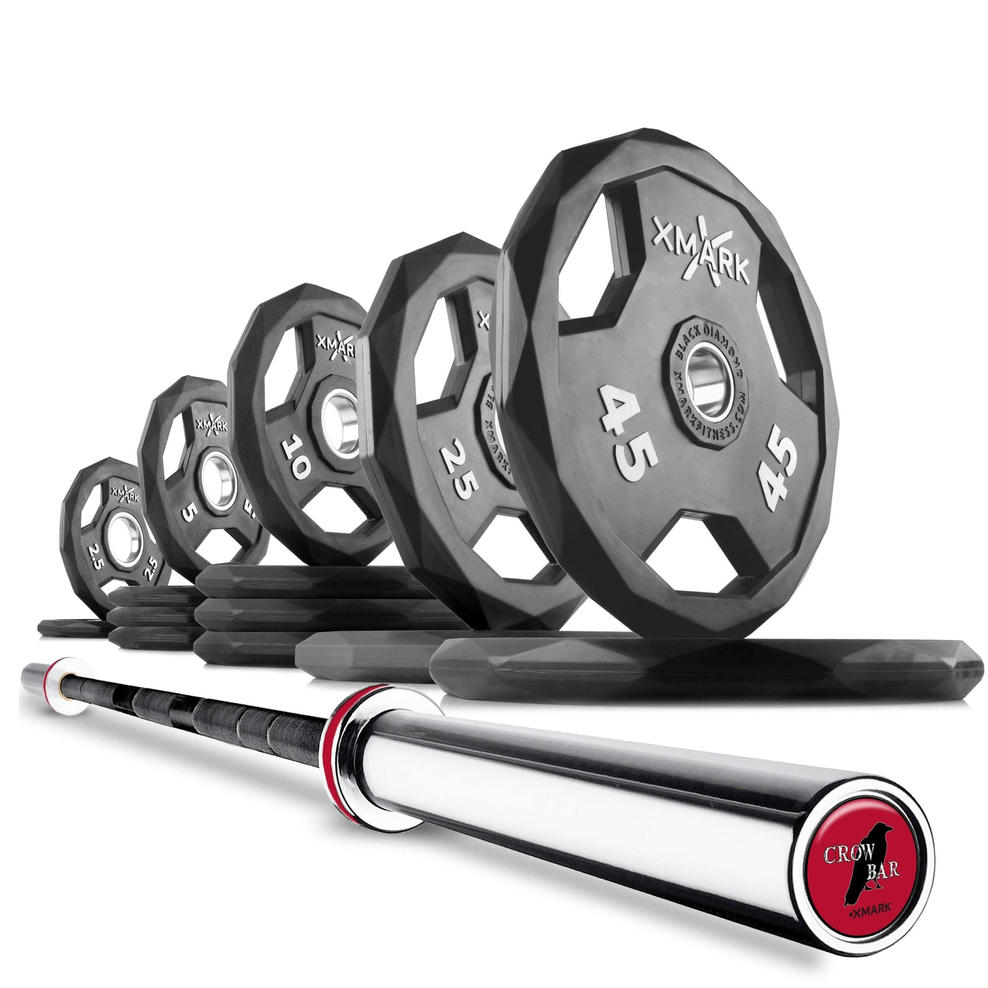 Black Diamond Olympic weight plates in various sizes with a chrome Olympic barbell, ideal for strength training.