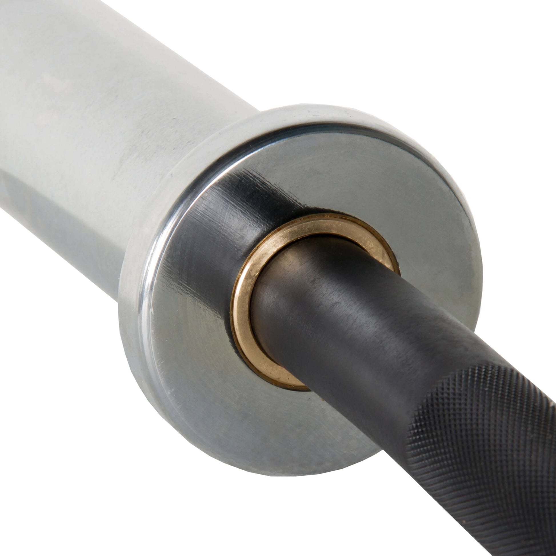 Close-up of a Crowbar EZ Curl Barbell showing chrome sleeve, brass collar, and textured black handle.