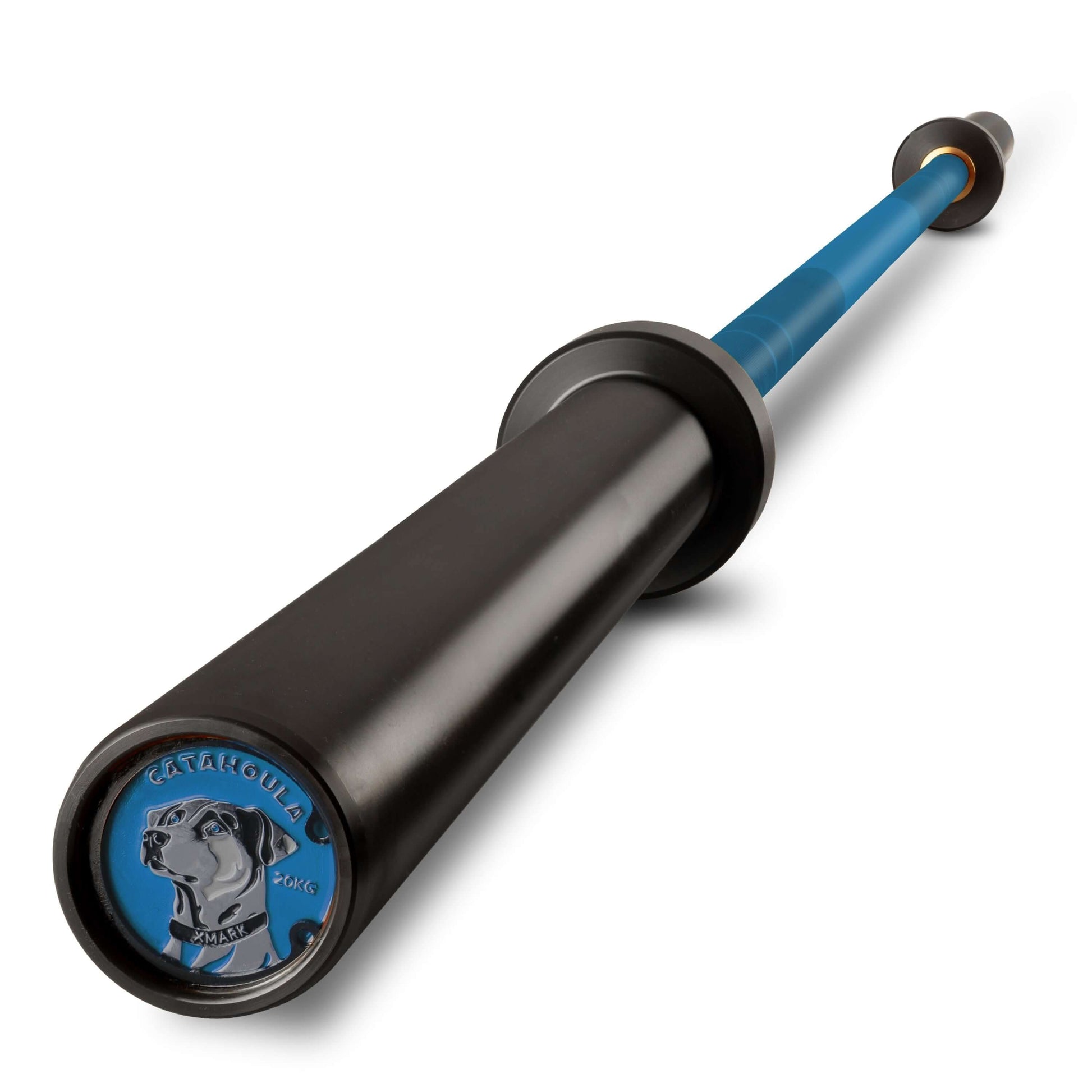 Catahoula IWF men’s training bar with a black grip and blue shaft, featuring a logo at the end for enhanced grip and durability.