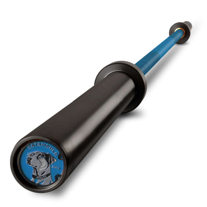 Catahoula IWF men’s training bar with a black grip and blue shaft, featuring a logo at the end for enhanced grip and durability.