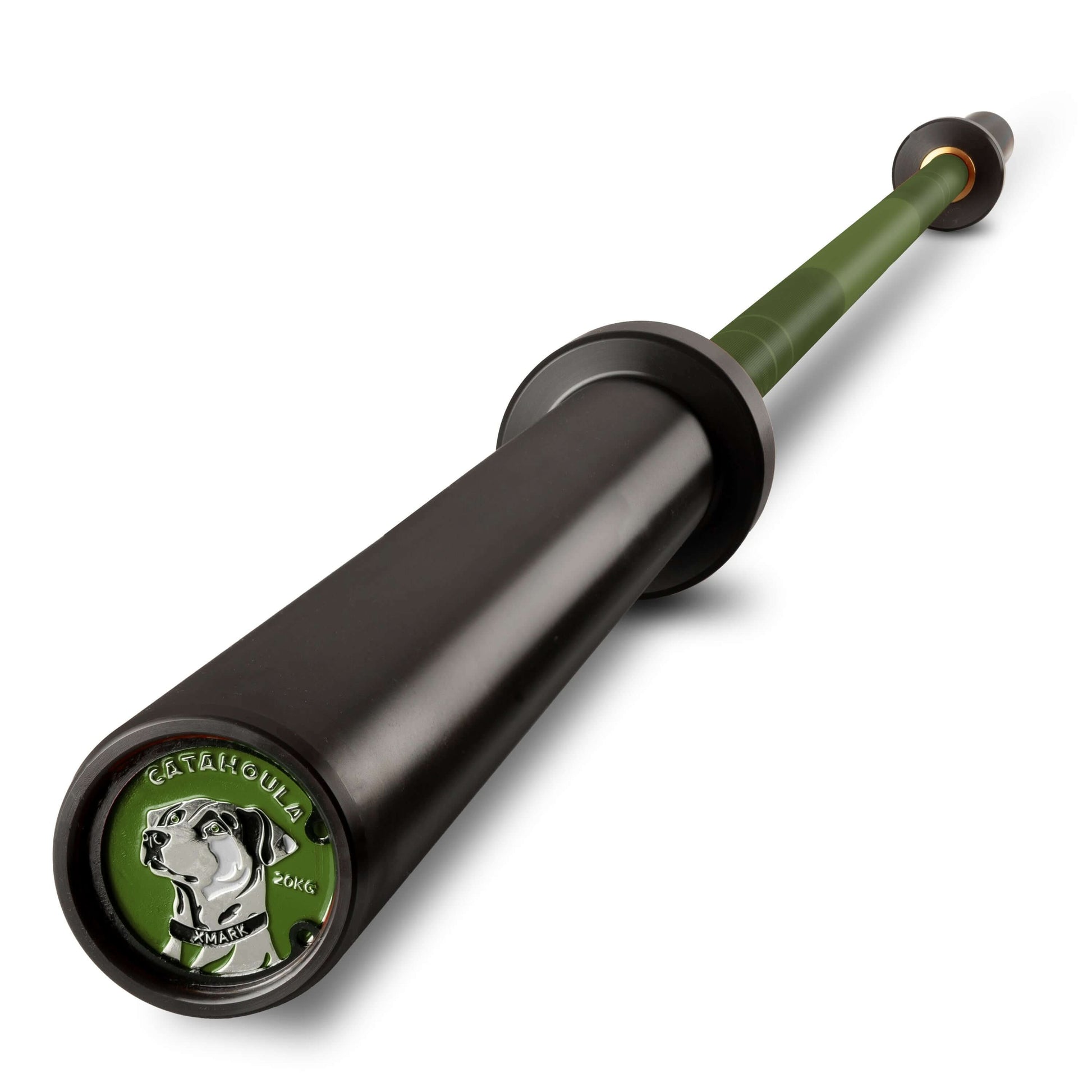 Catahoula IWF Men’s Training Bar with black grip and green accents, designed for powerlifting and Olympic training.