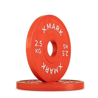 Olympic change plates in vibrant red, 2.5 kg weight, featuring premium rubber and heavy-duty steel core.