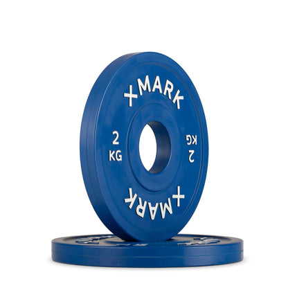 Blue 2 kg Olympic change plate with raised lettering, designed for precise weight training, featuring a durable rubber finish.